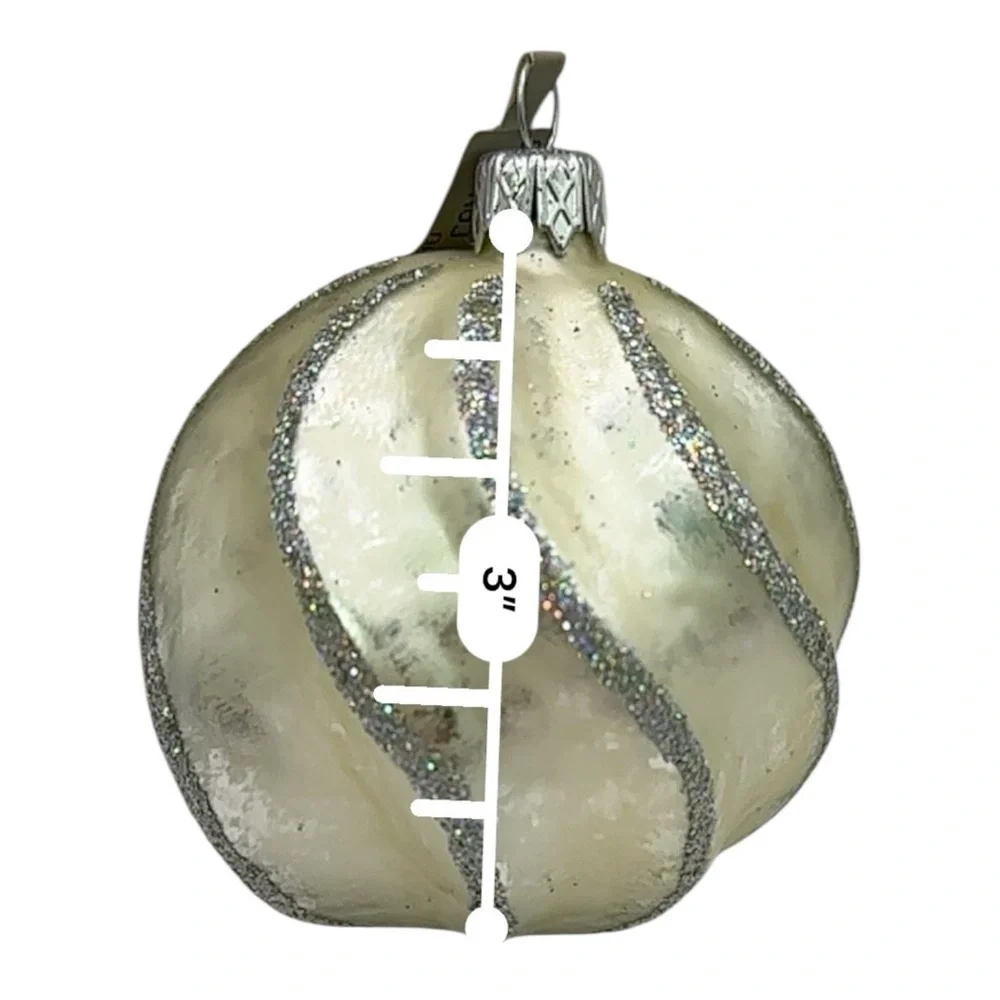 Vintage Hand Blown Glass Cream Glitter Swirl Round Ornaments NWT Set Of 5